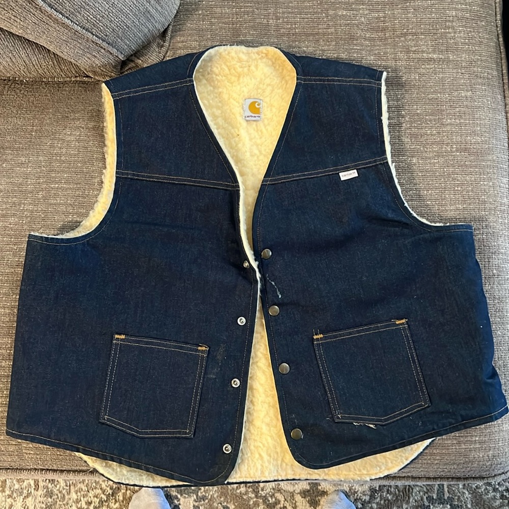 VINTAGE 80’s Carhartt Denim Sherpa Vest Made In USA Men’s Size XL Dark Wash